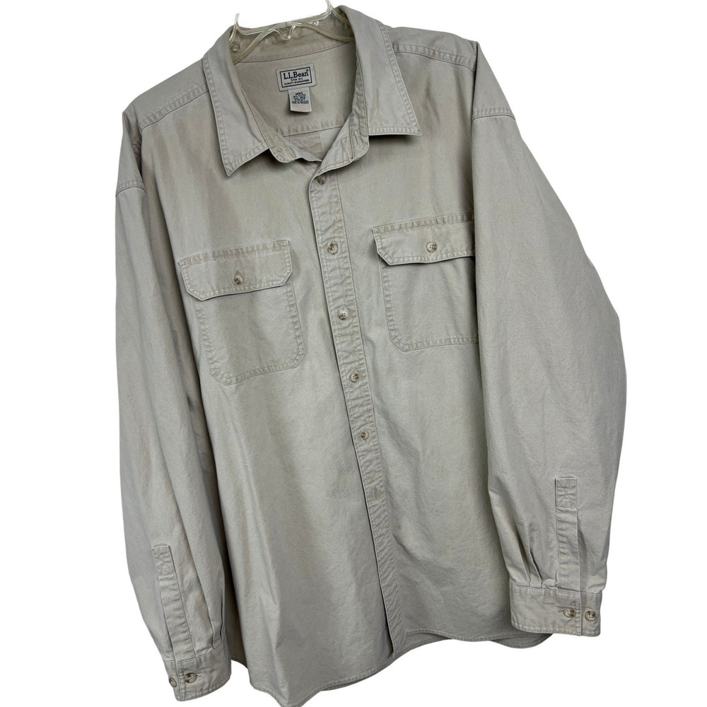 LL Bean Button Down Shirt Mens XXL Tan LS Cotton Twill Workwear Outdoor A54